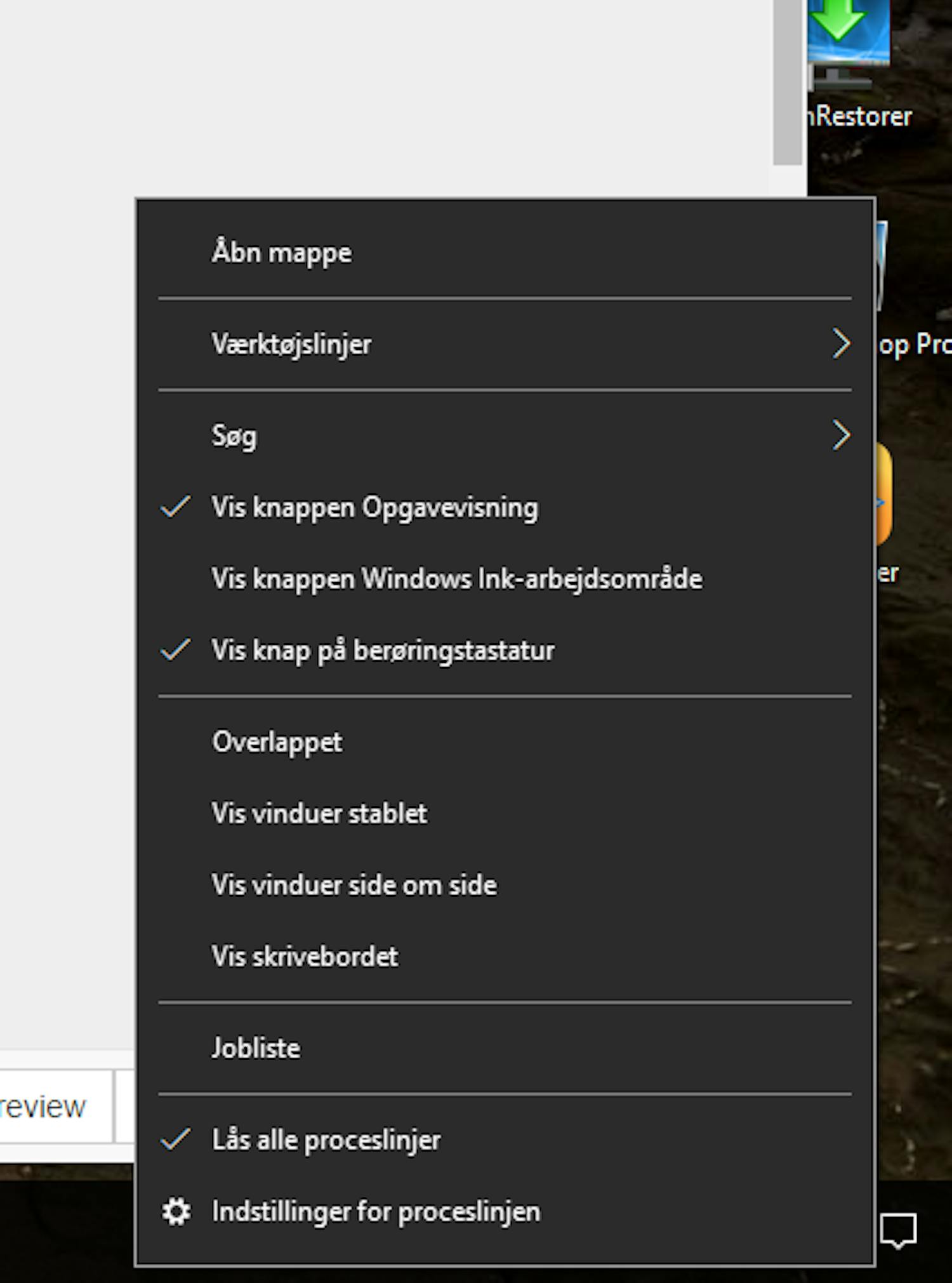 Proceslinje og Jobliste i Windows 10